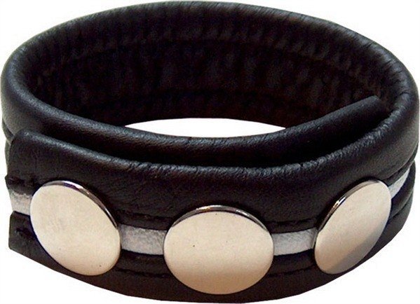 Penis cuff in black leather with white stripe
