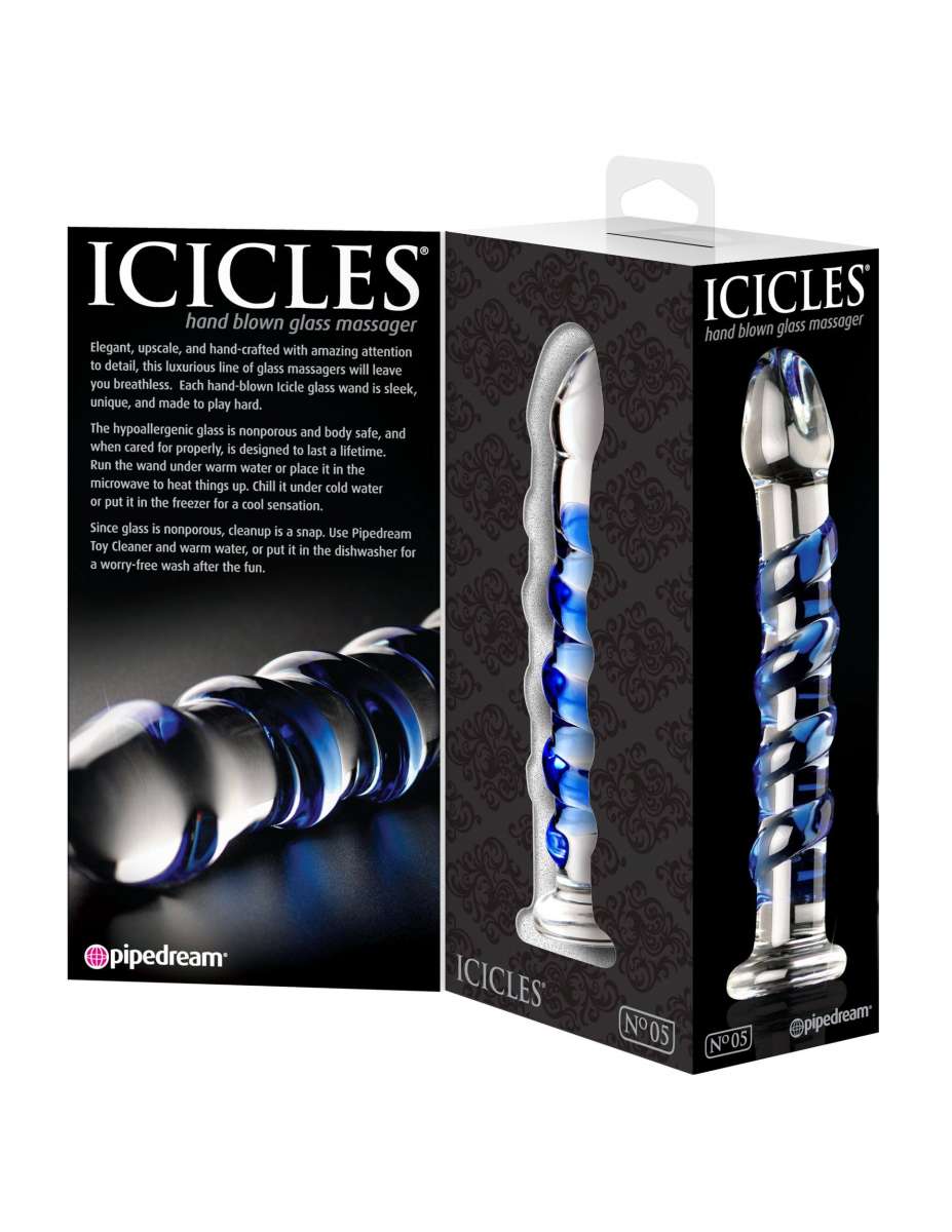 Icicles No.5 glass dildo with base and stimulating spiral from Steeltoyz