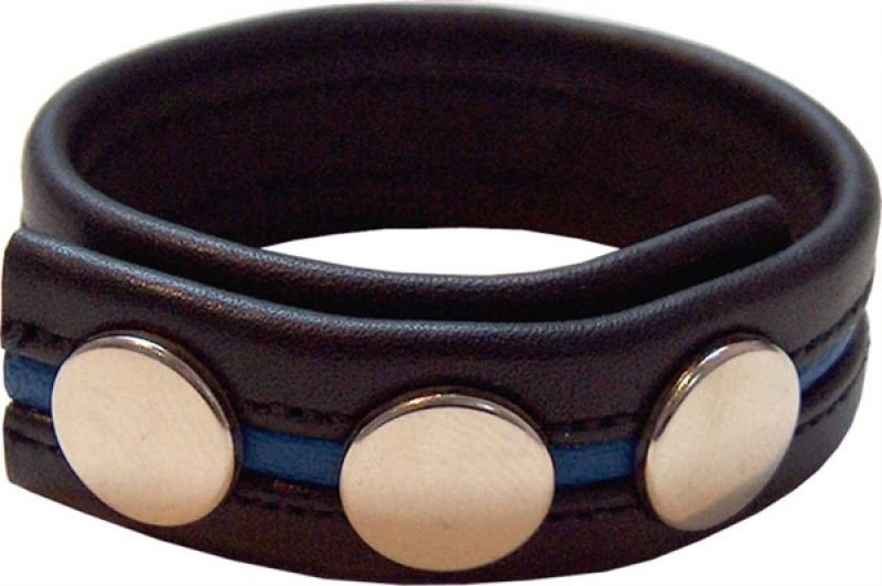 Black leather cockstrap with blue trim Black leather cockstrap with blue trim